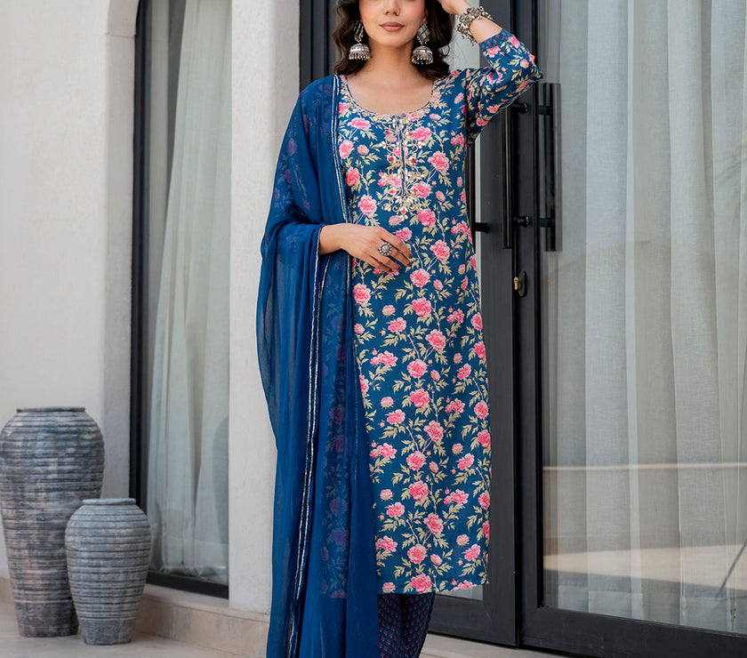 Divena Blue Embroidered Floral Print Muslin Kurta Set