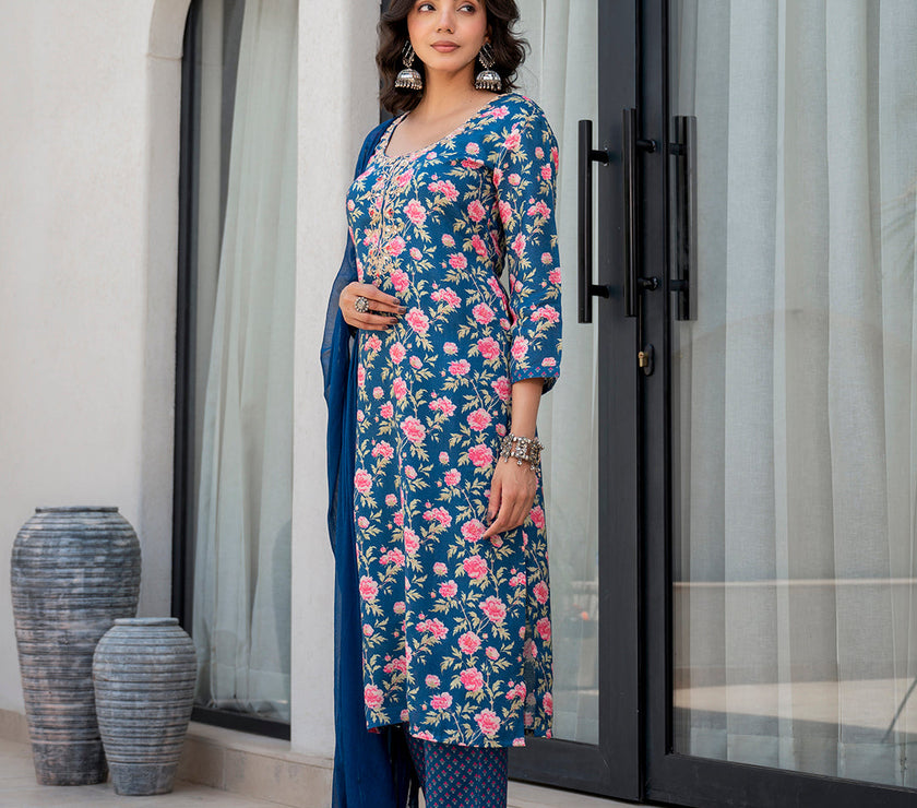 Divena Blue Embroidered Floral Print Muslin Kurta Set