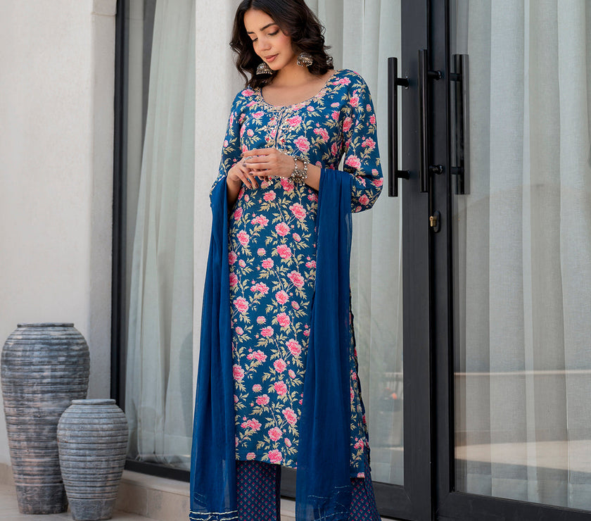 Divena Blue Embroidered Floral Print Muslin Kurta Set