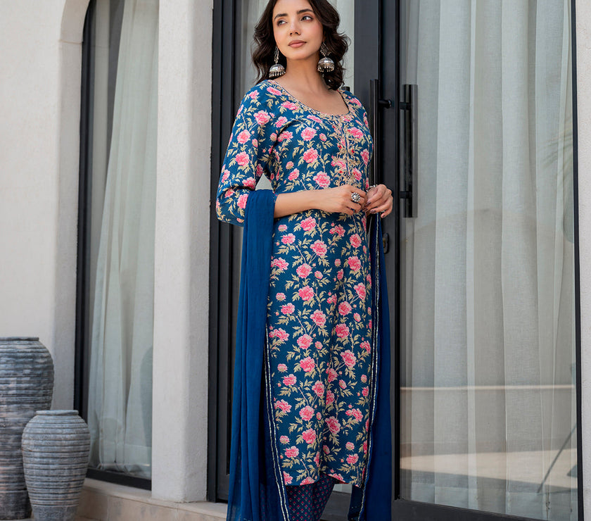 Divena Blue Embroidered Floral Print Muslin Kurta Set