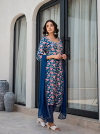 Divena Blue Embroidered Floral Print Muslin Kurta Set