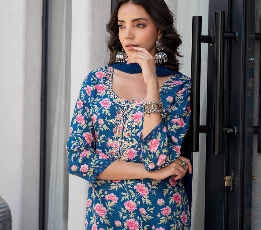 Divena Blue Embroidered Floral Print Muslin Kurta Set