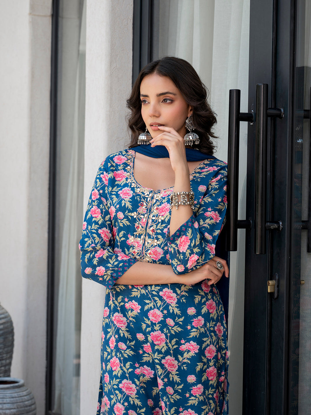 Divena Blue Embroidered Floral Print Muslin Kurta Set