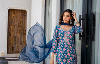 Divena Blue Embroidered Floral Print Muslin Kurta Set