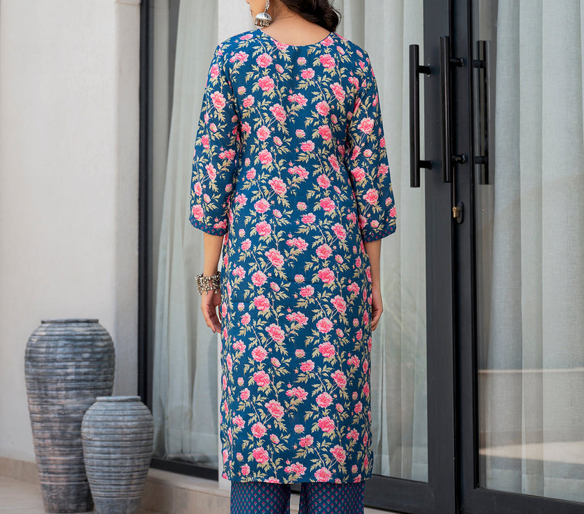 Divena Blue Embroidered Floral Print Muslin Kurta Set