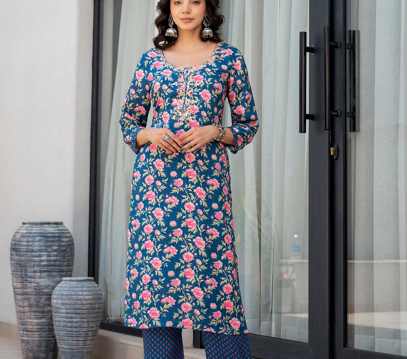 Divena Blue Embroidered Floral Print Muslin Kurta Set