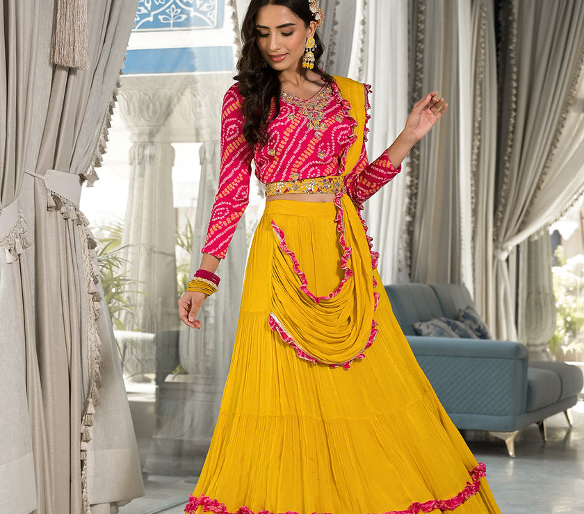 Mustard Yellow Bandhani print with Zardozi & Gota Work Pure Chinon Fabric Lehenga Crop Top with Dupatta