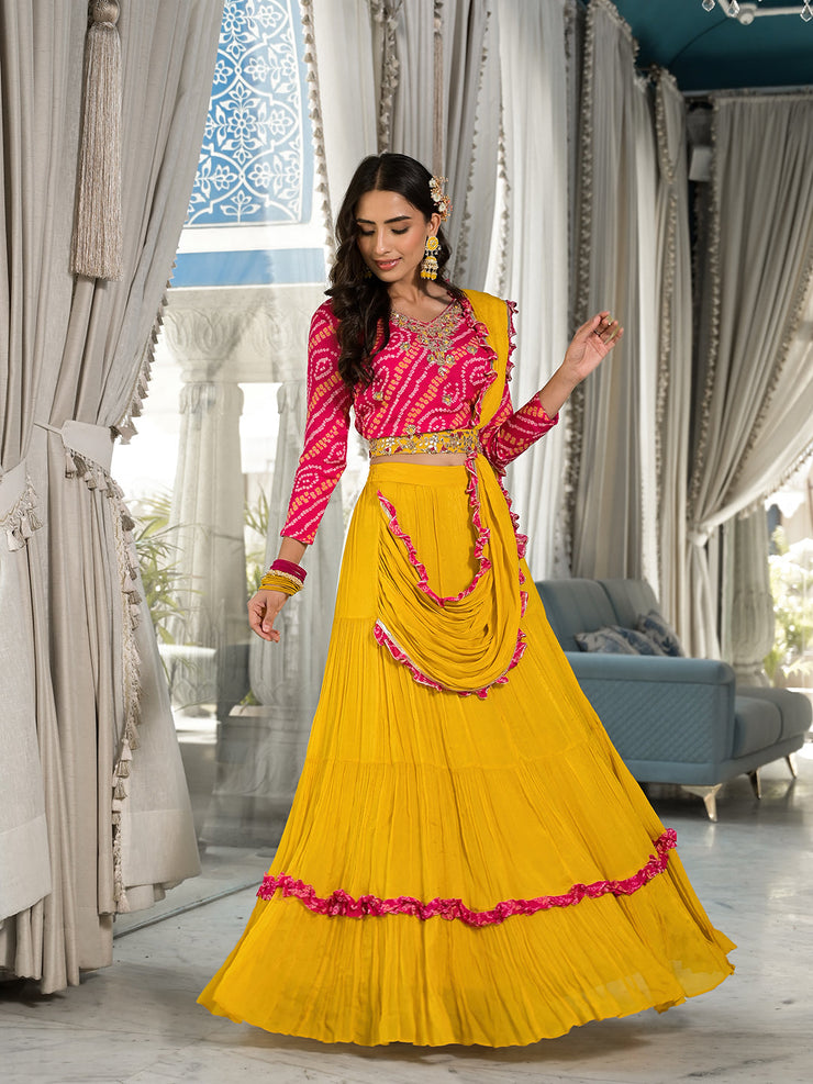 Mustard Yellow Bandhani print with Zardozi & Gota Work Pure Chinon Fabric Lehenga Crop Top with Dupatta