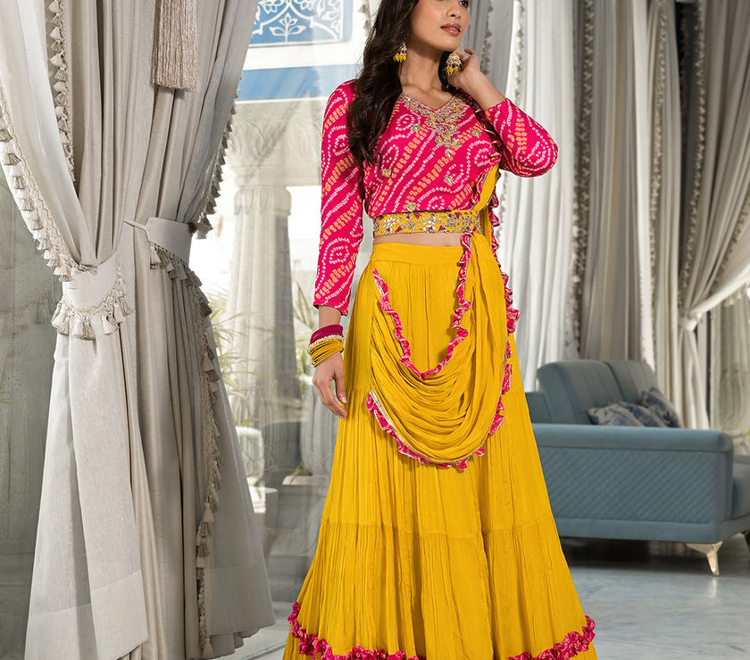 Mustard Yellow Bandhani print with Zardozi & Gota Work Pure Chinon Fabric Lehenga Crop Top with Dupatta