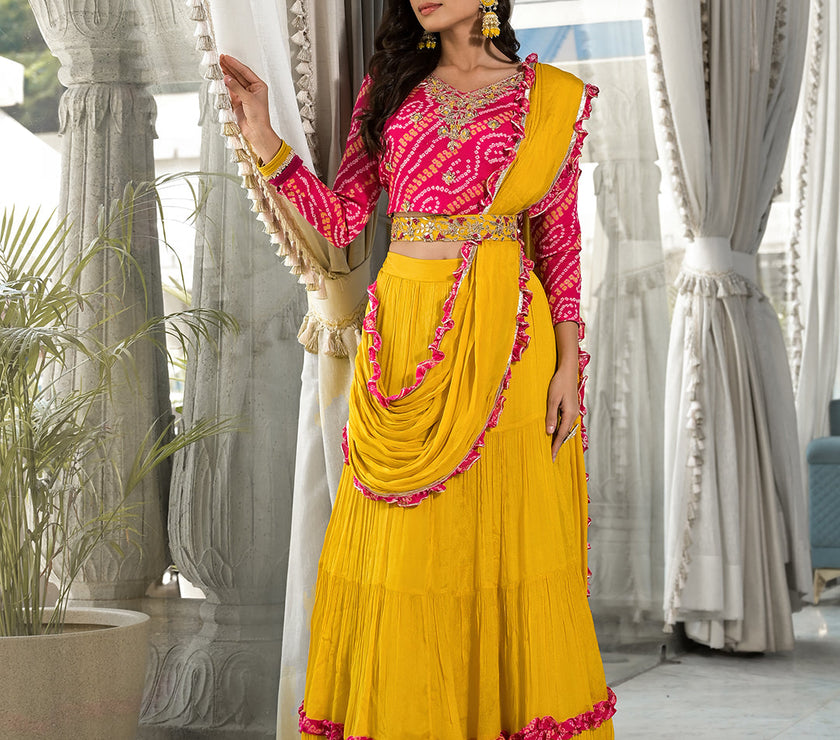 Mustard Yellow Bandhani print with Zardozi & Gota Work Pure Chinon Fabric Lehenga Crop Top with Dupatta