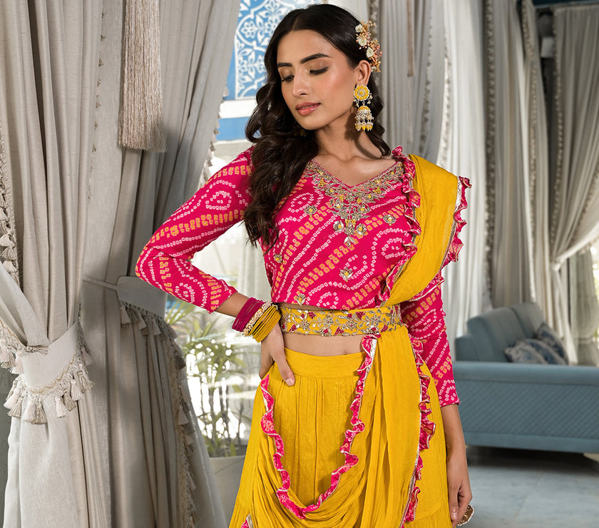 Mustard Yellow Bandhani print with Zardozi & Gota Work Pure Chinon Fabric Lehenga Crop Top with Dupatta