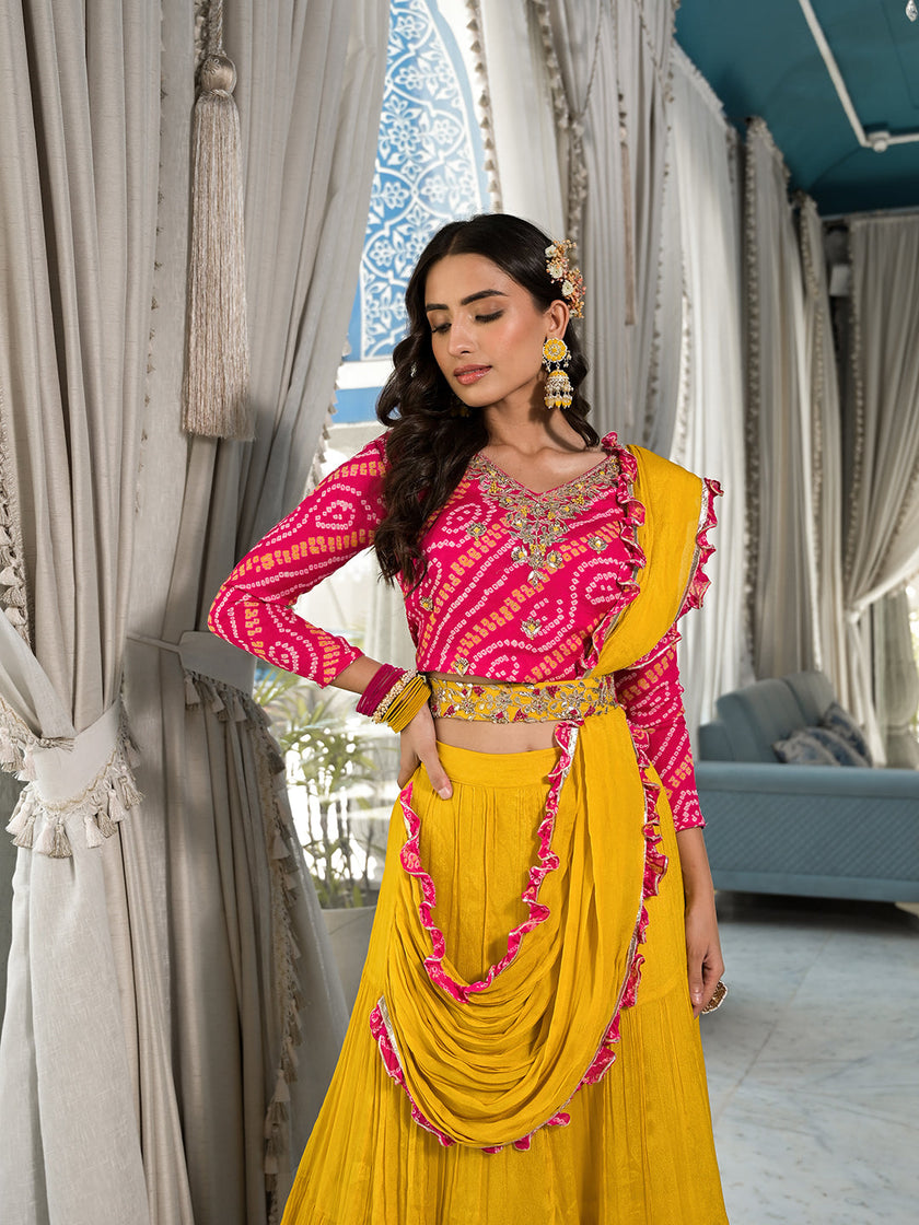 Mustard Yellow Bandhani print with Zardozi & Gota Work Pure Chinon Fabric Lehenga Crop Top with Dupatta