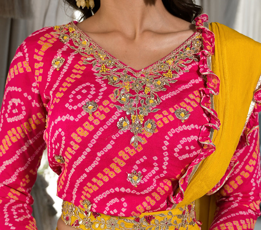 Mustard Yellow Bandhani print with Zardozi & Gota Work Pure Chinon Fabric Lehenga Crop Top with Dupatta