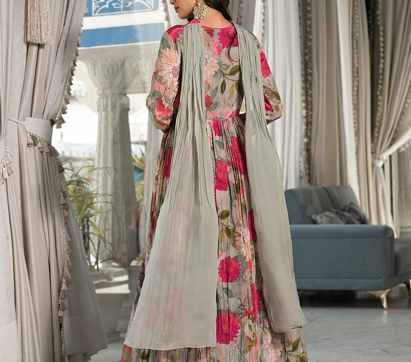 Pink Multi Digital Print Pure Crepe Long Party dress with Dupatta