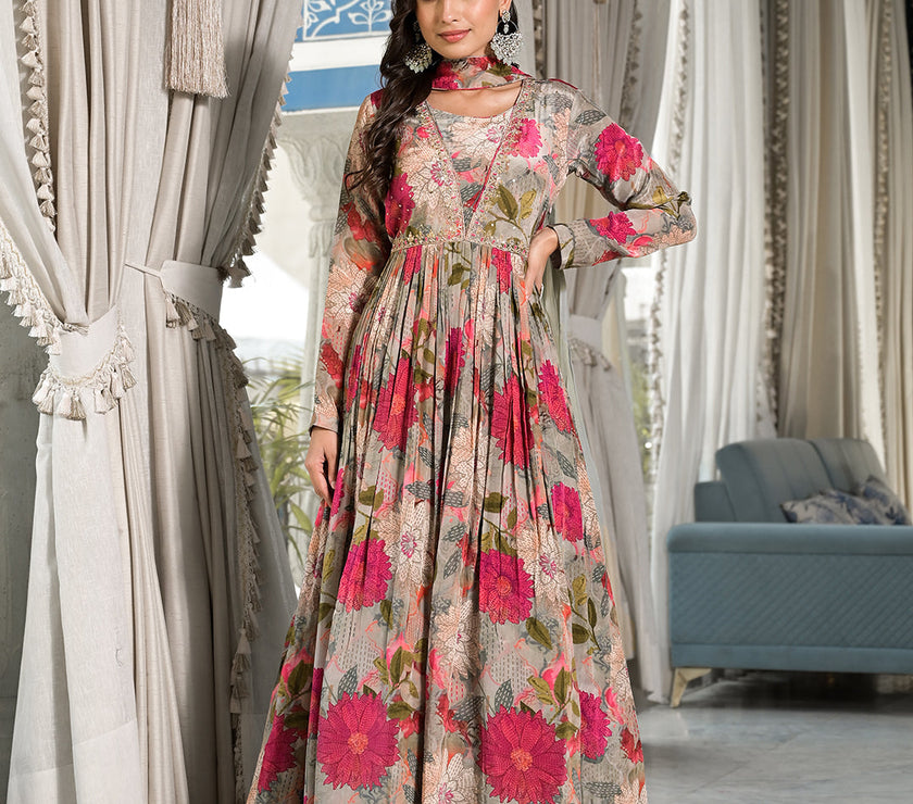 Pink Multi Digital Print Pure Crepe Long Party dress with Dupatta