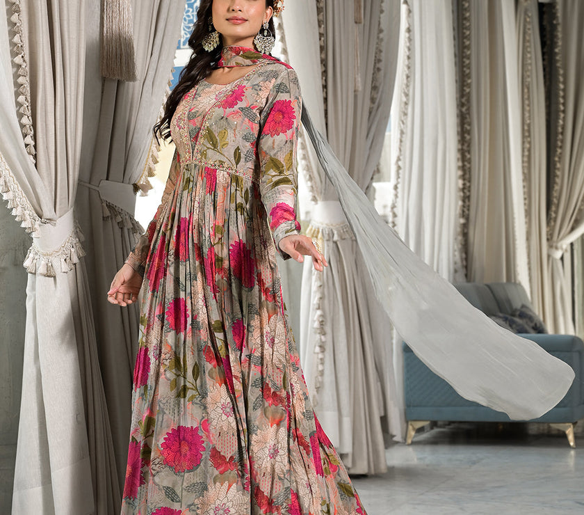 Pink Multi Digital Print Pure Crepe Long Party dress with Dupatta