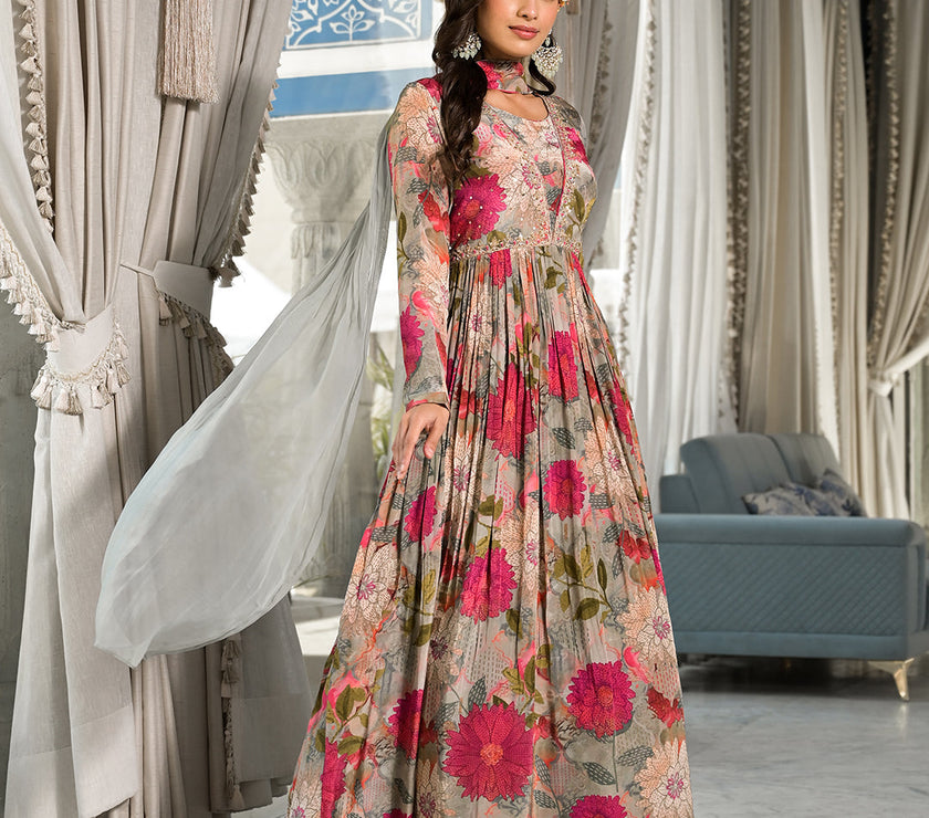 Pink Multi Digital Print Pure Crepe Long Party dress with Dupatta