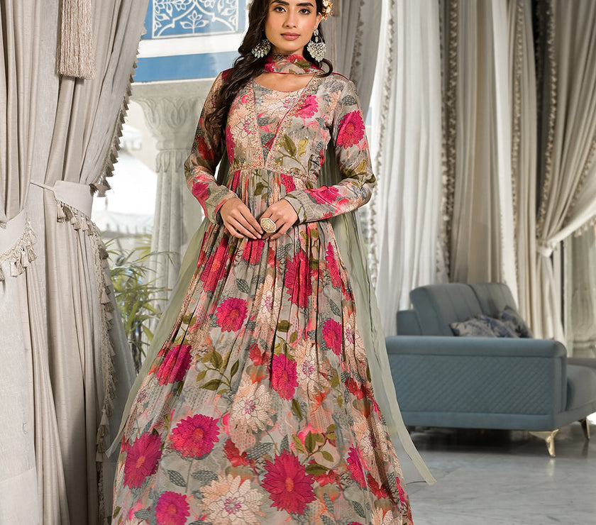 Pink Multi Digital Print Pure Crepe Long Party dress with Dupatta