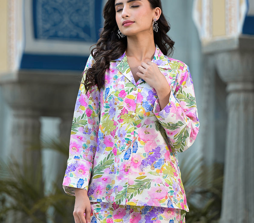 Divena Multicolored Floral Printed Muslin Co-ord Set