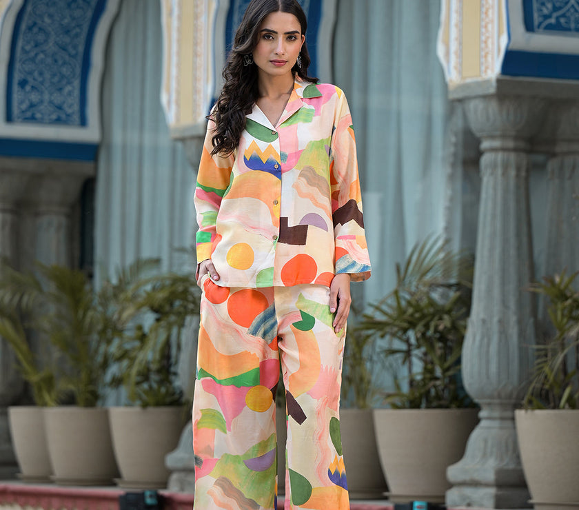 Divena Peach Multi Floral Printed Muslin Co-ord Set