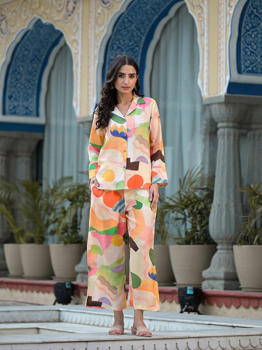 Divena Peach Multi Floral Printed Muslin Co-ord Set