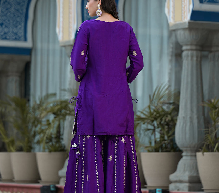 Purple Marodi Hand Work Russian Silk Kurta Sharara Set with Organza Dupatta