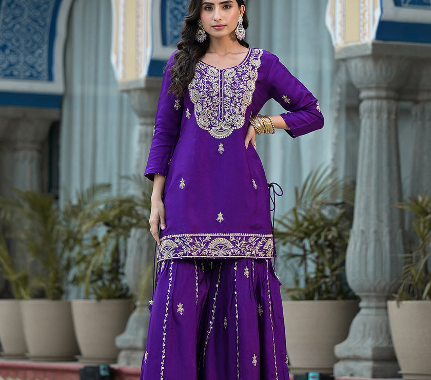 Purple Marodi Hand Work Russian Silk Kurta Sharara Set with Organza Dupatta