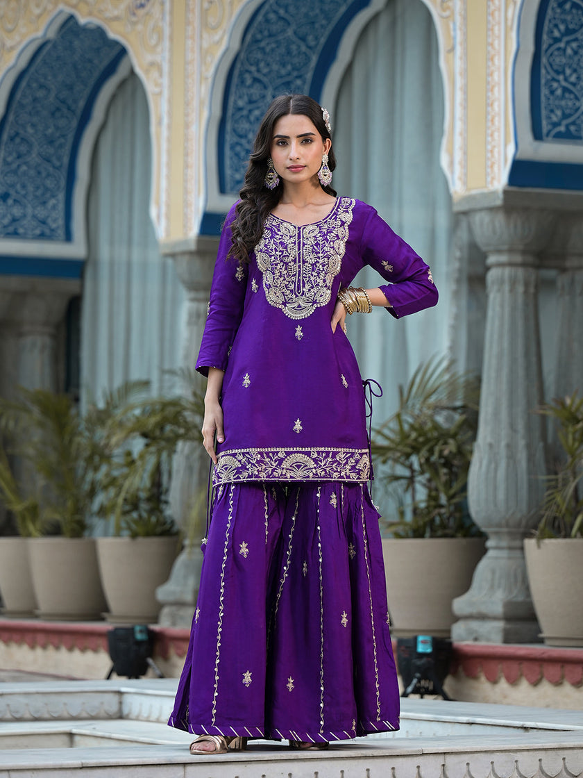 Purple Marodi Hand Work Russian Silk Kurta Sharara Set with Organza Dupatta