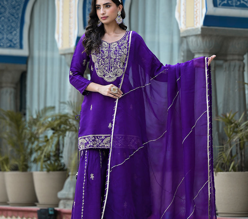 Purple Marodi Hand Work Russian Silk Kurta Sharara Set with Organza Dupatta