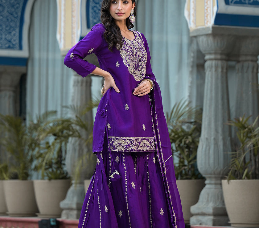 Purple Marodi Hand Work Russian Silk Kurta Sharara Set with Organza Dupatta