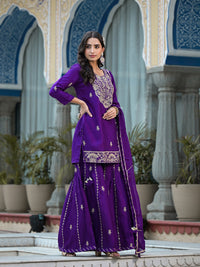 Purple Marodi Hand Work Russian Silk Kurta Sharara Set with Organza Dupatta