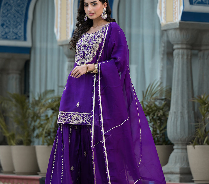 Purple Marodi Hand Work Russian Silk Kurta Sharara Set with Organza Dupatta