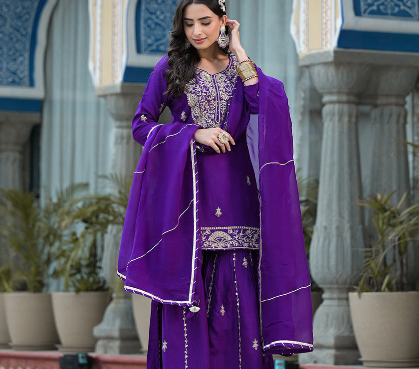 Purple Marodi Hand Work Russian Silk Kurta Sharara Set with Organza Dupatta