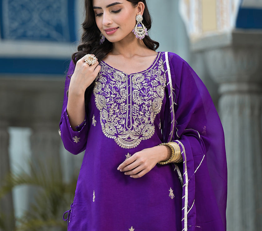 Purple Marodi Hand Work Russian Silk Kurta Sharara Set with Organza Dupatta