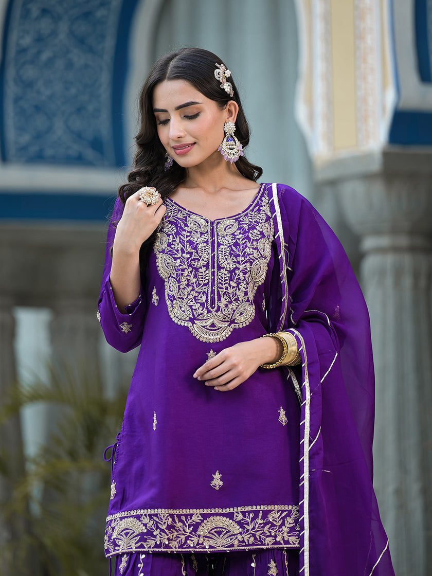 Purple Marodi Hand Work Russian Silk Kurta Sharara Set with Organza Dupatta