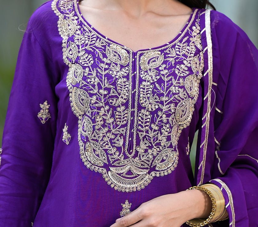 Purple Marodi Hand Work Russian Silk Kurta Sharara Set with Organza Dupatta