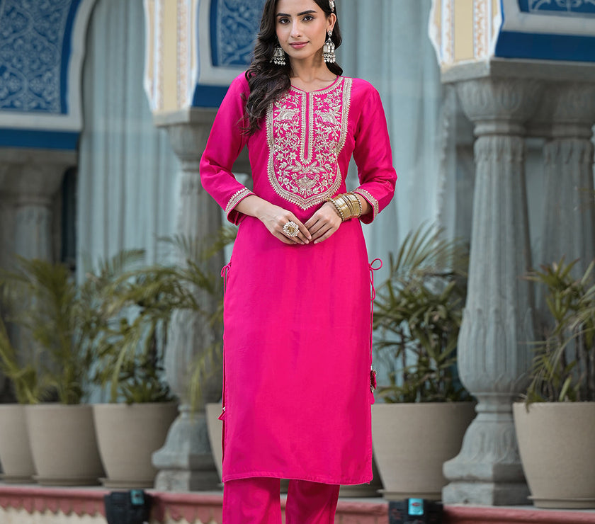 Rani Pink Russian Silk Jardozi Mix Hand work Kurta set with Dupatta