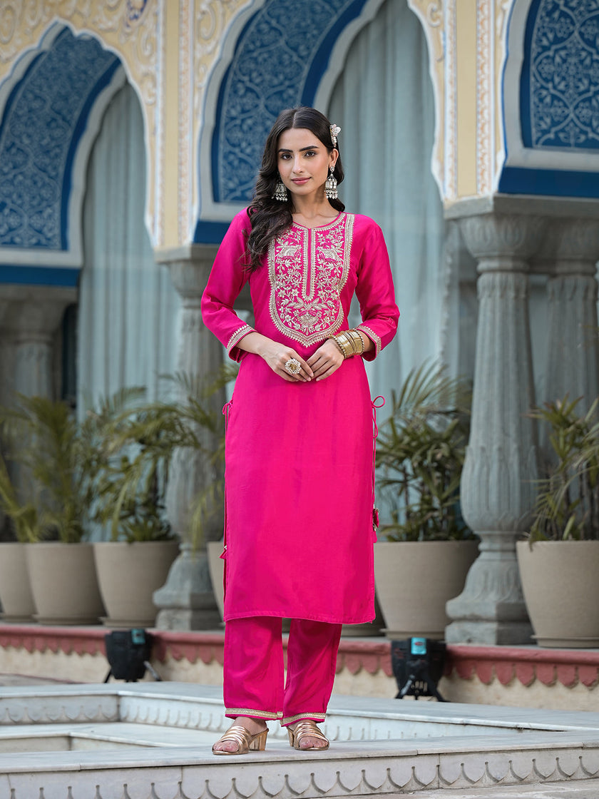 Rani Pink Russian Silk Jardozi Mix Hand work Kurta set with Dupatta