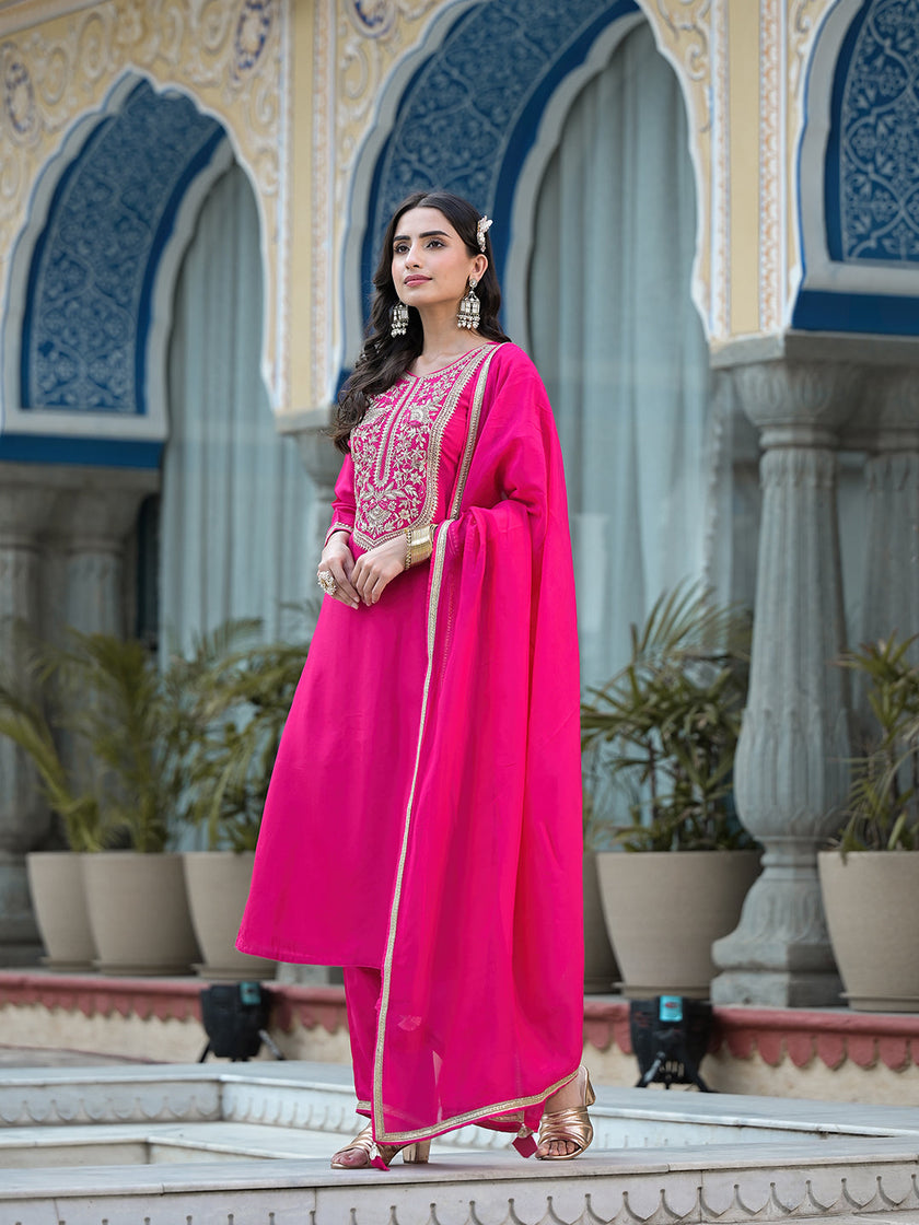 Rani Pink Russian Silk Jardozi Mix Hand work Kurta set with Dupatta