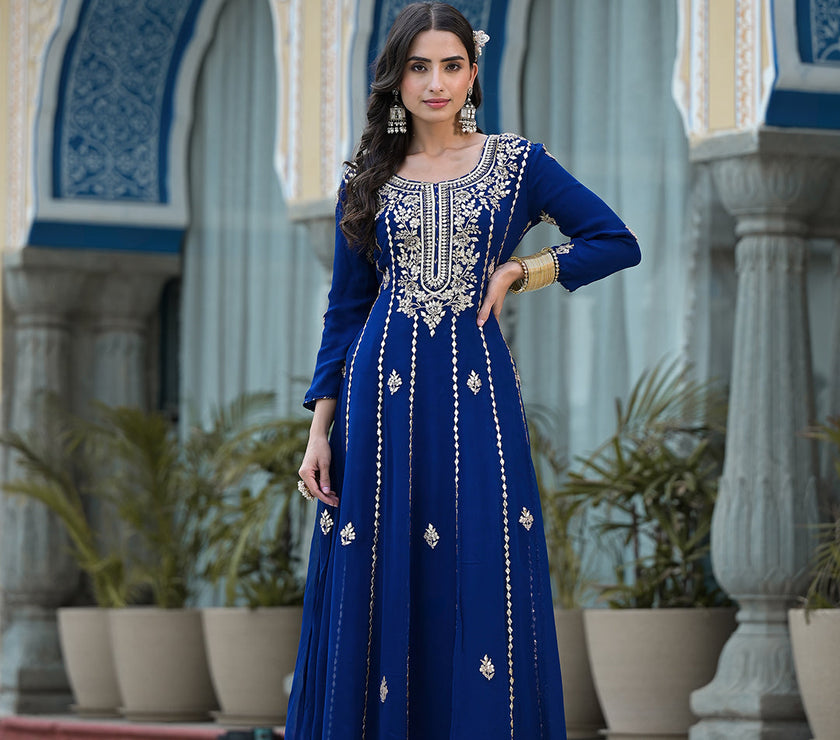 Blue Gota Patii work Georgette Long Kurta with Shantoon Lining with Dupatta