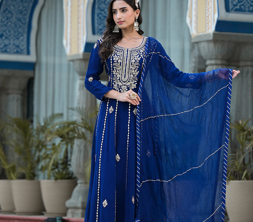 Blue Gota Patii work Georgette Long Kurta with Shantoon Lining with Dupatta