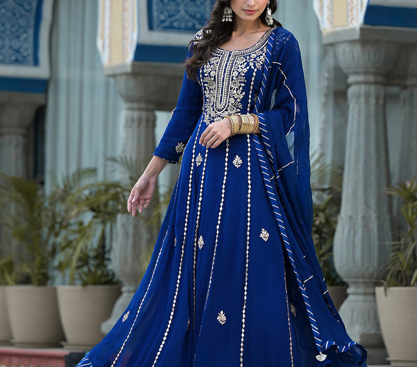 Blue Gota Patii work Georgette Long Kurta with Shantoon Lining with Dupatta