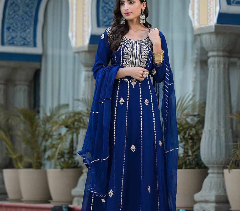 Blue Gota Patii work Georgette Long Kurta with Shantoon Lining with Dupatta