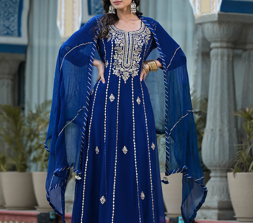 Blue Gota Patii work Georgette Long Kurta with Shantoon Lining with Dupatta