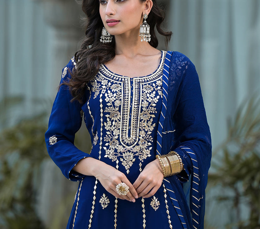 Blue Gota Patii work Georgette Long Kurta with Shantoon Lining with Dupatta