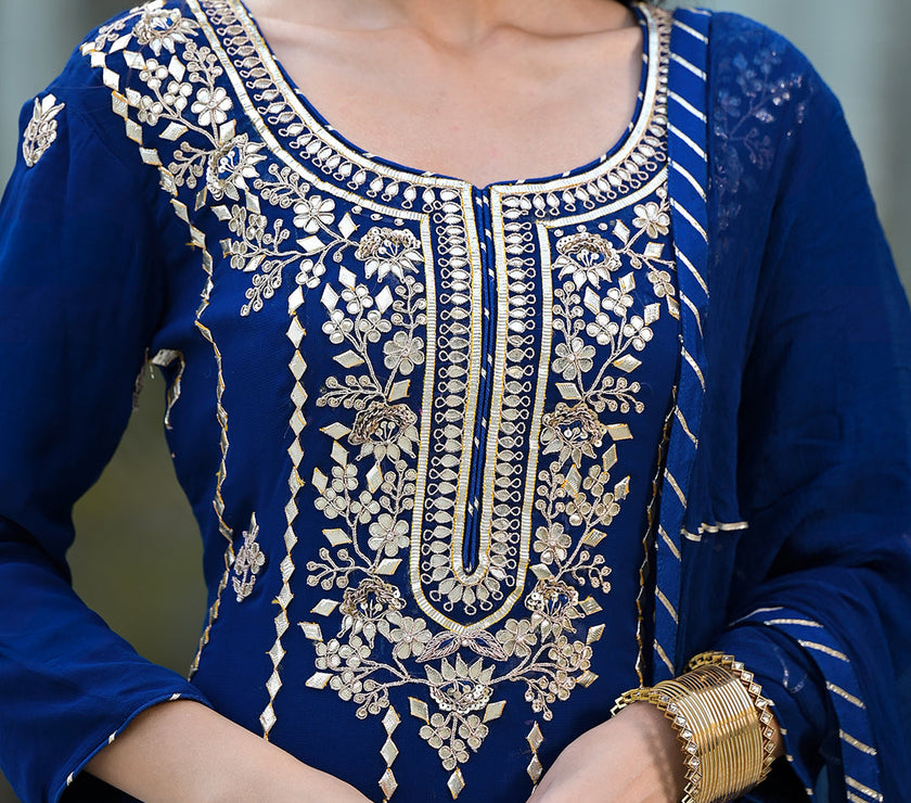 Blue Gota Patii work Georgette Long Kurta with Shantoon Lining with Dupatta