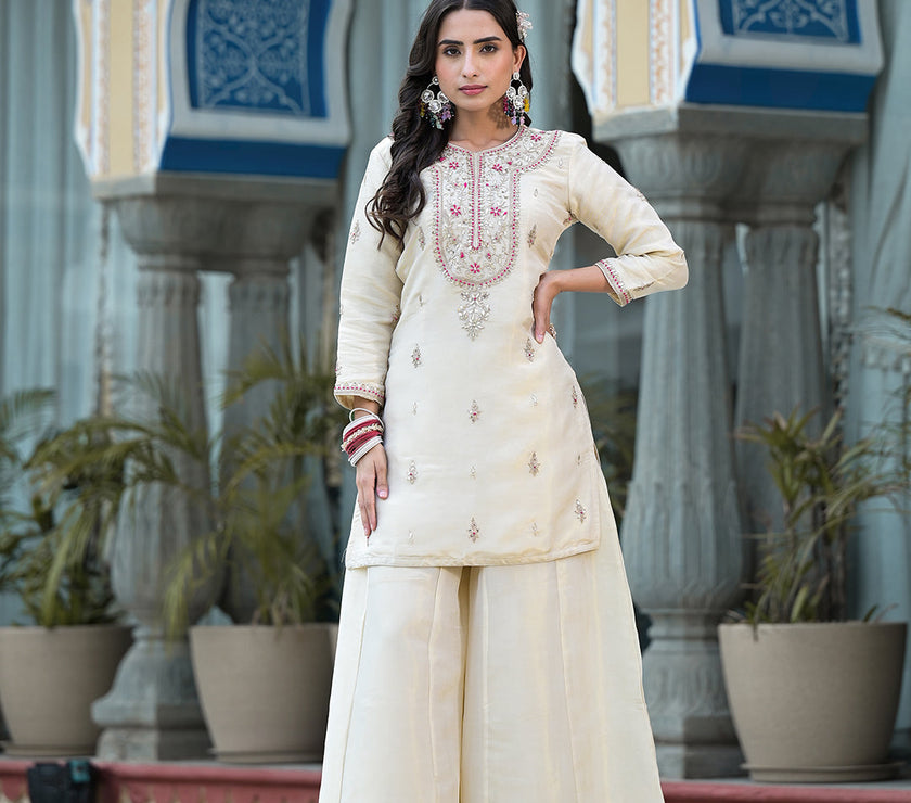 Cream Gota patti & Zardozi Work Tissue Fabric Kurta Sharara Set with Bandhani Dupatta