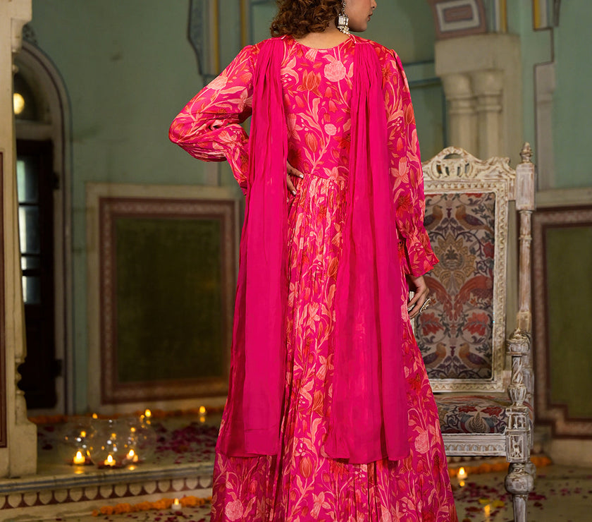 Rani Pink Digital Print Zardozi Work Chinon fabric Long Party Dress with Organza Dupatta