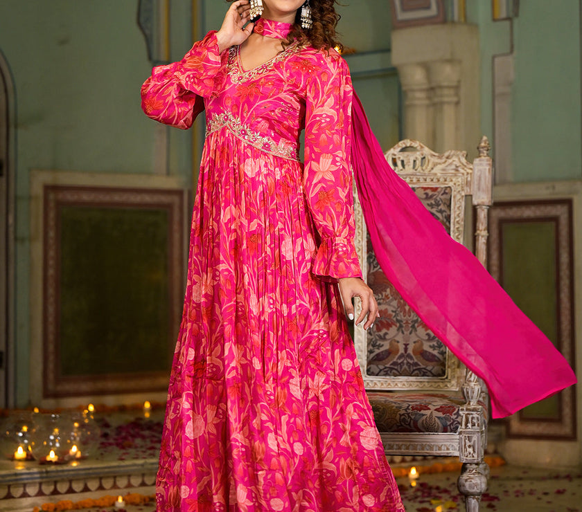 Rani Pink Digital Print Zardozi Work Chinon fabric Long Party Dress with Organza Dupatta