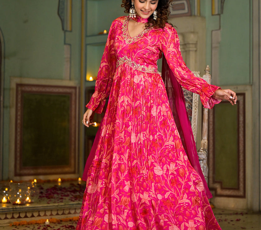 Rani Pink Digital Print Zardozi Work Chinon fabric Long Party Dress with Organza Dupatta